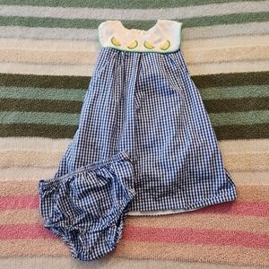 Classic Prep 3t smocked lemon blue white plaid dress w/ bloomers set summer